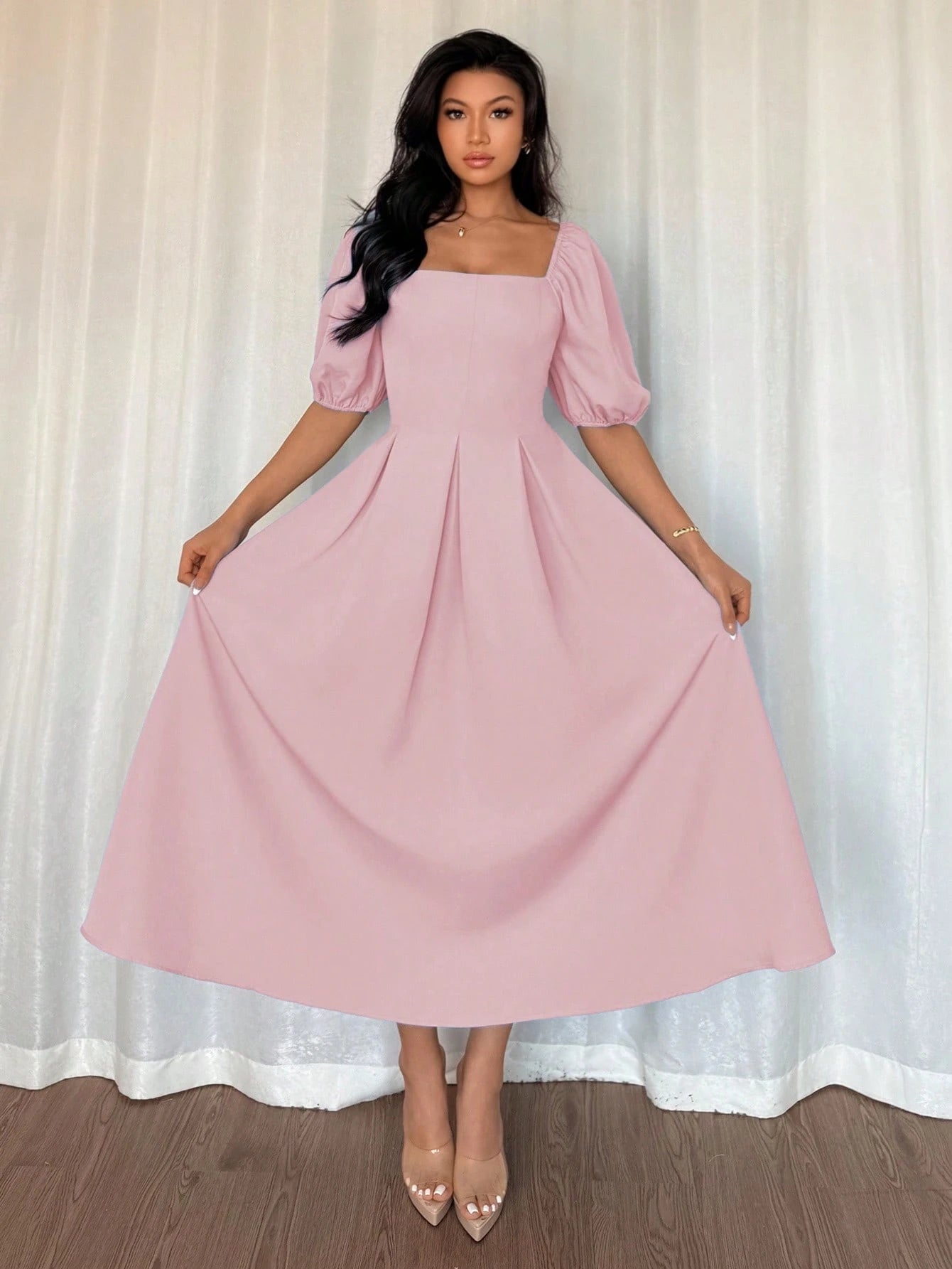  | SHEIN Elenzga Women's Simple Elegant French Style Crew Neck Draped Hem A-Line Short Sleeve Casual Office Business Party Dress, Spring & Summer | Dress | Shein | OneHub