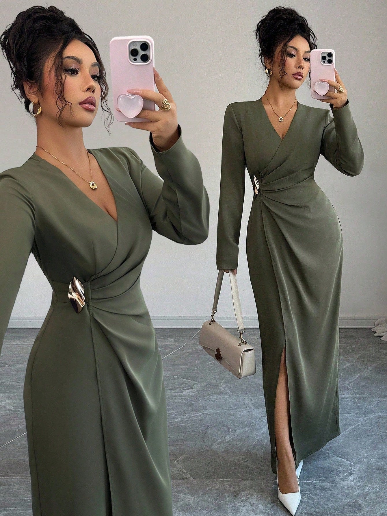 SHEIN Elenzga Women's Solid Color Cross Wrap V-Neck Long Sleeve Slit Dress