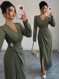 SHEIN Elenzga Women's Solid Color Cross Wrap V-Neck Long Sleeve Slit Dress