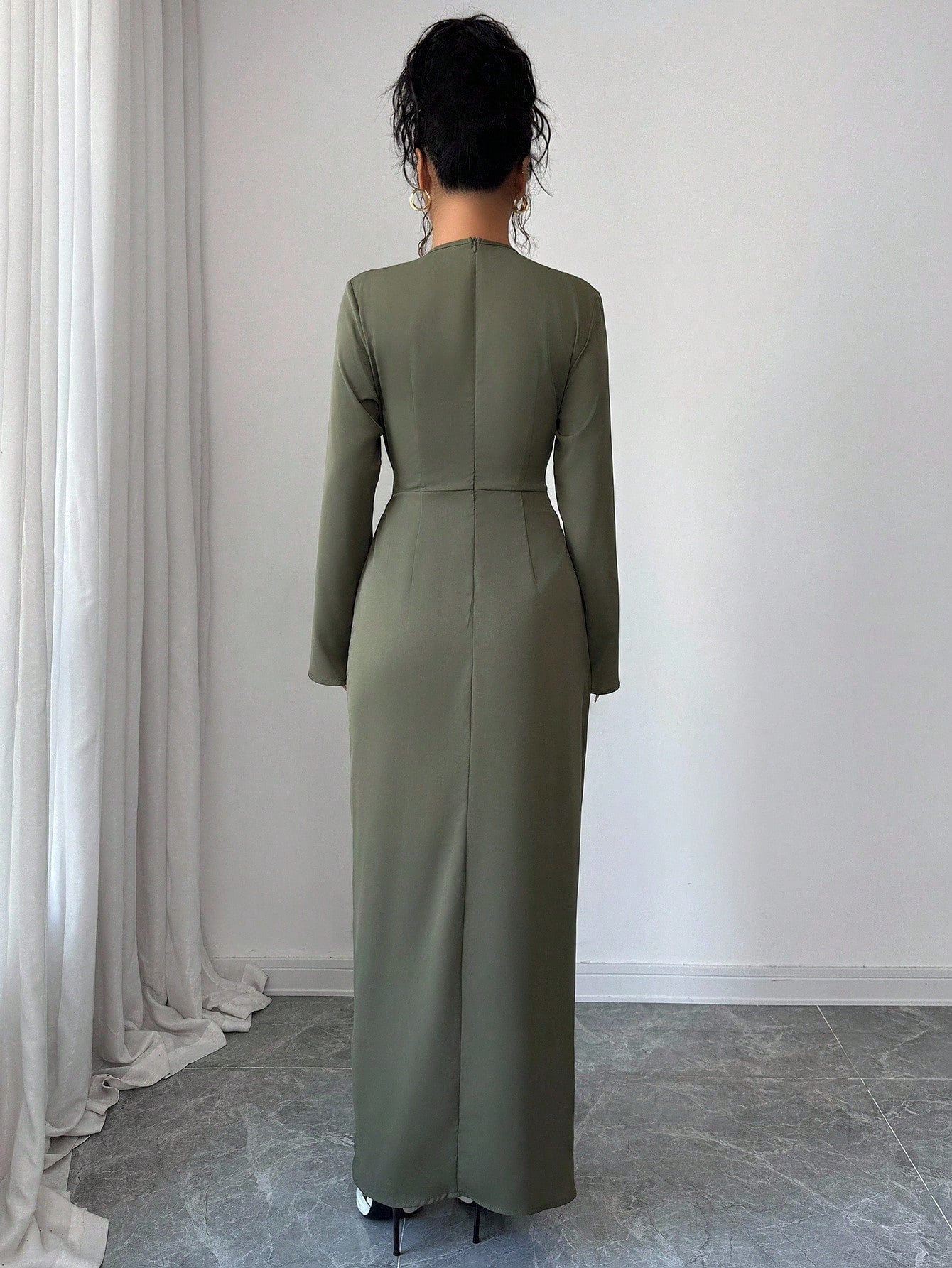 SHEIN Elenzga Women's Solid Color Cross Wrap V-Neck Long Sleeve Slit Dress