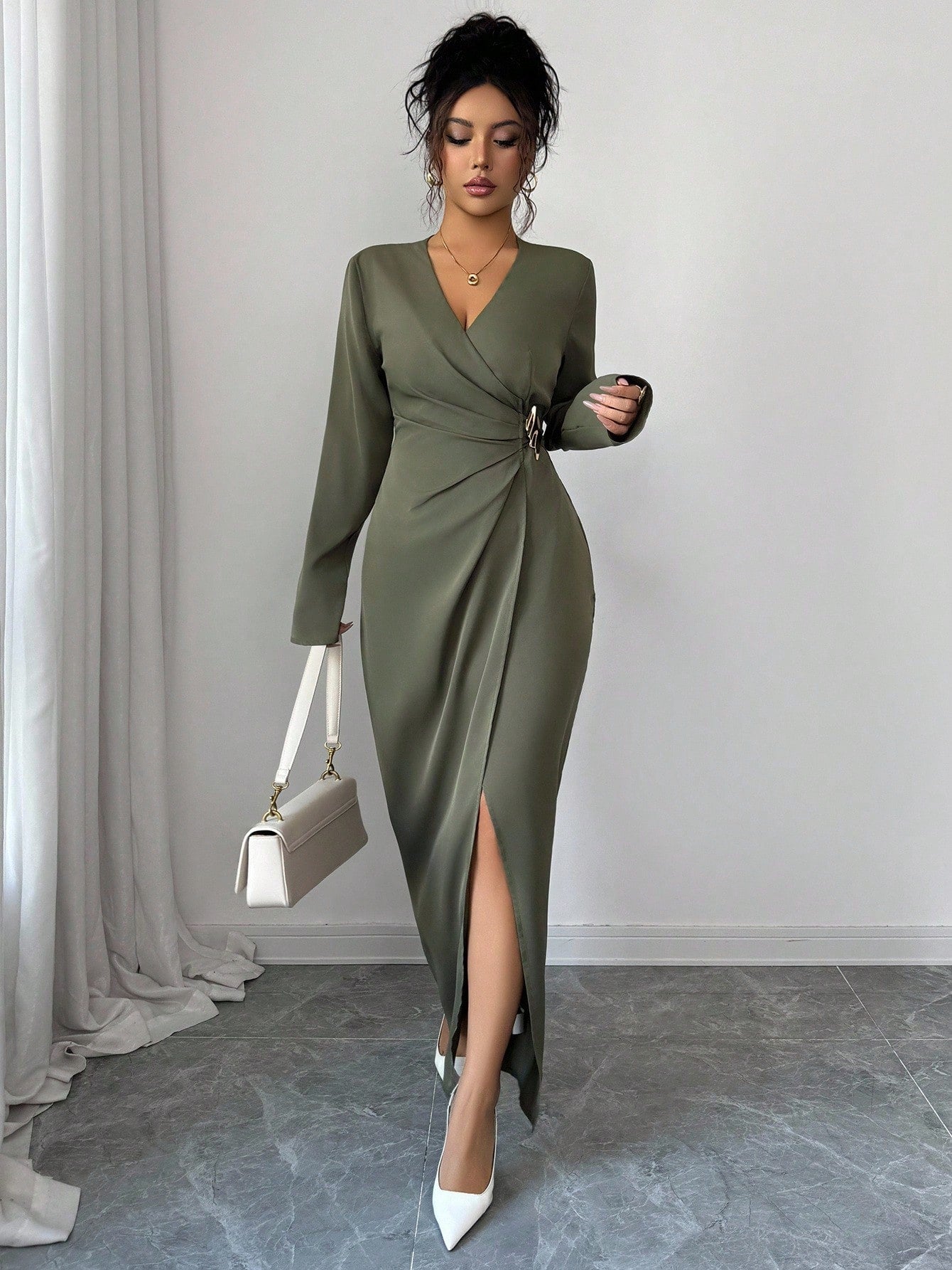 SHEIN Elenzga Women's Solid Color Cross Wrap V-Neck Long Sleeve Slit Dress