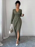 SHEIN Elenzga Women's Solid Color Cross Wrap V-Neck Long Sleeve Slit Dress