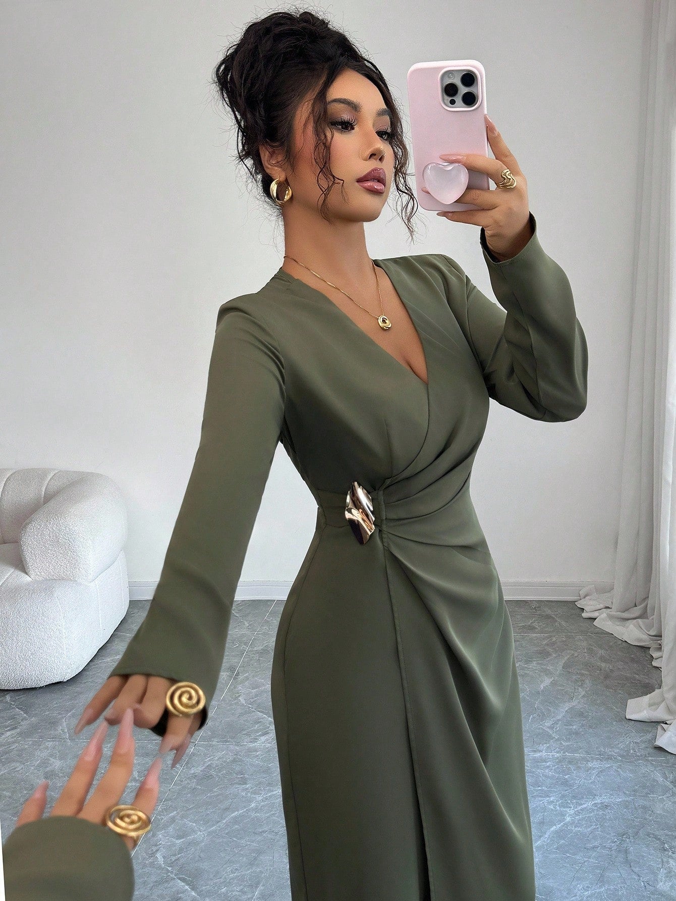 SHEIN Elenzga Women's Solid Color Cross Wrap V-Neck Long Sleeve Slit Dress