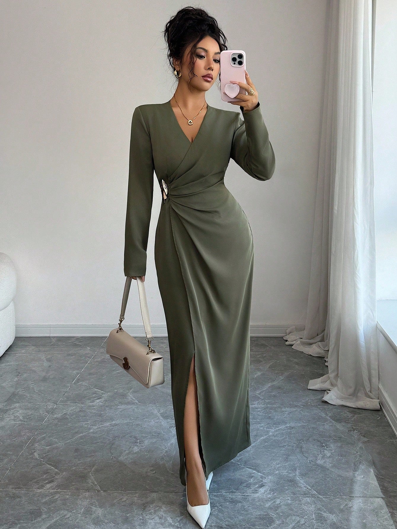 SHEIN Elenzga Women's Solid Color Cross Wrap V-Neck Long Sleeve Slit Dress