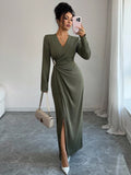 SHEIN Elenzga Women's Solid Color Cross Wrap V-Neck Long Sleeve Slit Dress