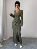 SHEIN Elenzga Women's Solid Color Cross Wrap V-Neck Long Sleeve Slit Dress
