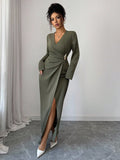 SHEIN Elenzga Women's Solid Color Cross Wrap V-Neck Long Sleeve Slit Dress