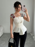  | SHEIN Elenzga Women's Waist Cinched Asymmetrical Patchwork Embroidered Mesh Blouse | Top | Shein | OneHub