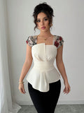  | SHEIN Elenzga Women's Waist Cinched Asymmetrical Patchwork Embroidered Mesh Blouse | Top | Shein | OneHub