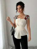  | SHEIN Elenzga Women's Waist Cinched Asymmetrical Patchwork Embroidered Mesh Blouse | Top | Shein | OneHub