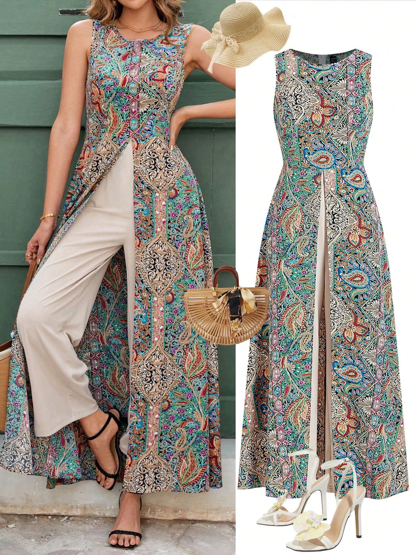  | SHEIN Ellevyn Women's Elegant Vacation Style Floral Print Front Cut-Out Round Neck Jumpsuit | Jumpsuit | Shein | OneHub