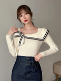 SHEIN FRIFUL Women's Long Sleeve Knitted Sweater With Bow Decoration,Long Sleeve Tops