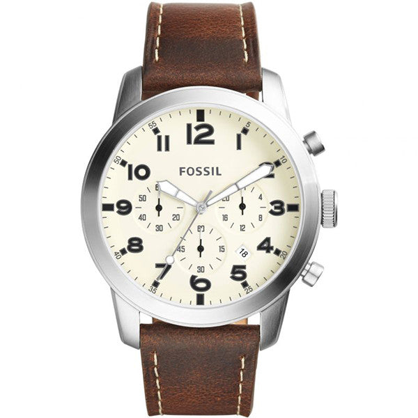 Fs5446 Fossil Pilot 54 Brown Leather Strap Cream Dial Chronograph Quartz Watc ...