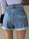 SHEIN Fire Embroidery Roll Up Hem Denim Shorts