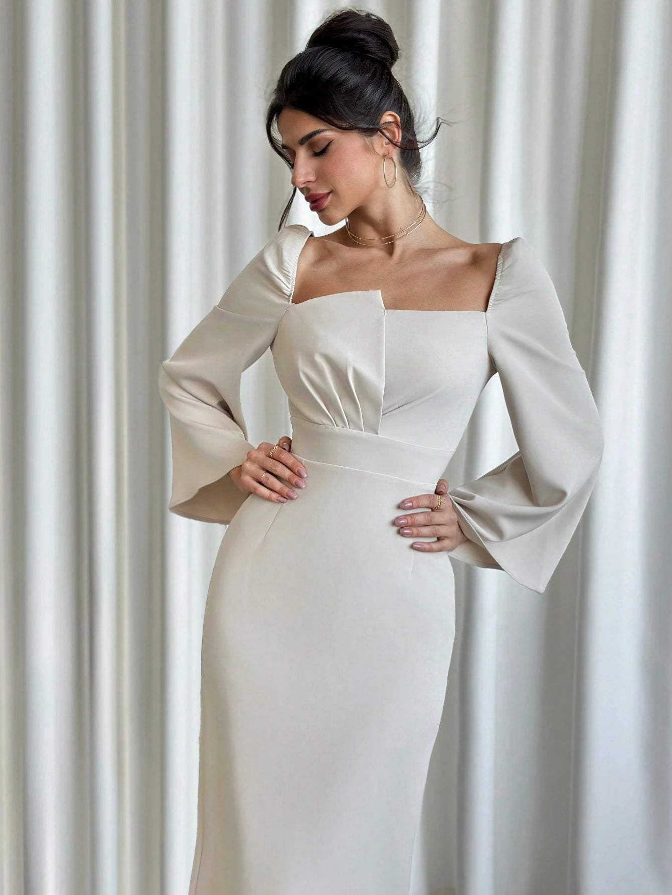 SHEIN Firerie Autumn/Winter New Women's Wide Collar Asymmetrical Design Flare Sleeve Elegant Dress, Luxury Texture For Date, Party, Valentine's Day