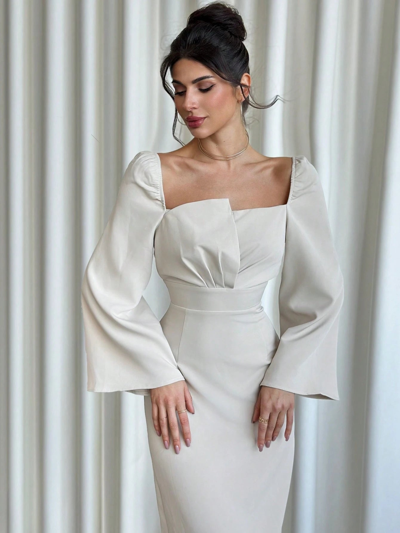 SHEIN Firerie Autumn/Winter New Women's Wide Collar Asymmetrical Design Flare Sleeve Elegant Dress, Luxury Texture For Date, Party, Valentine's Day