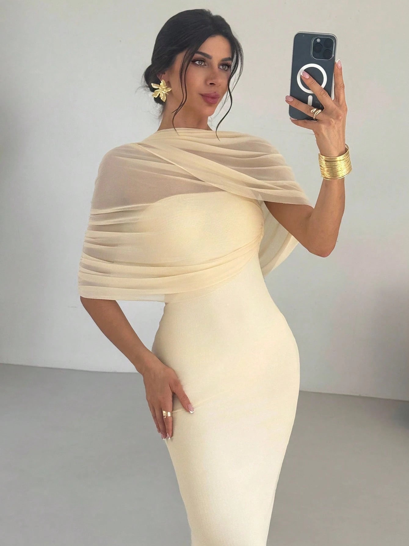 SHEIN Firerie Elegant Romantic Solid Yellow Ruffle Neck Asymmetrical Pleated Waist Fitted Long Dress, Suitable For Beach, Airport, Vacation, Work