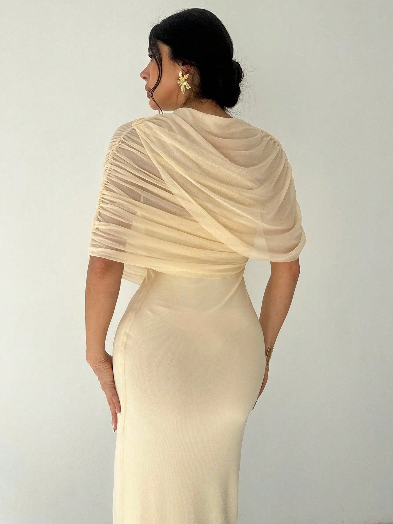 SHEIN Firerie Elegant Romantic Solid Yellow Ruffle Neck Asymmetrical Pleated Waist Fitted Long Dress, Suitable For Beach, Airport, Vacation, Work