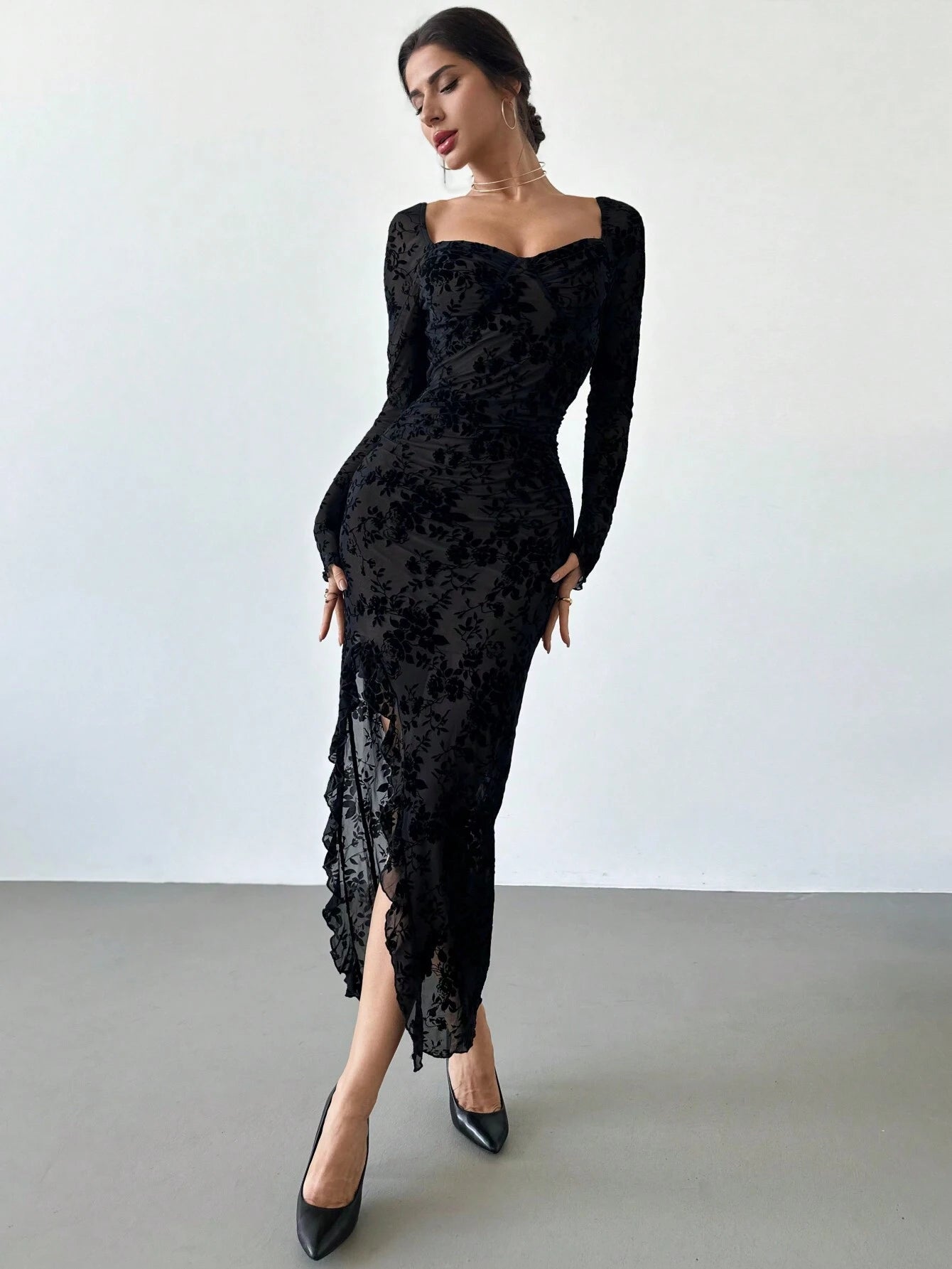  | SHEIN Firerie New Autumn/Winter Elegant Floral Flocked Square Neck Ruched & Slit Ruffle Hem Slimming Dress | Dress | Shein | OneHub