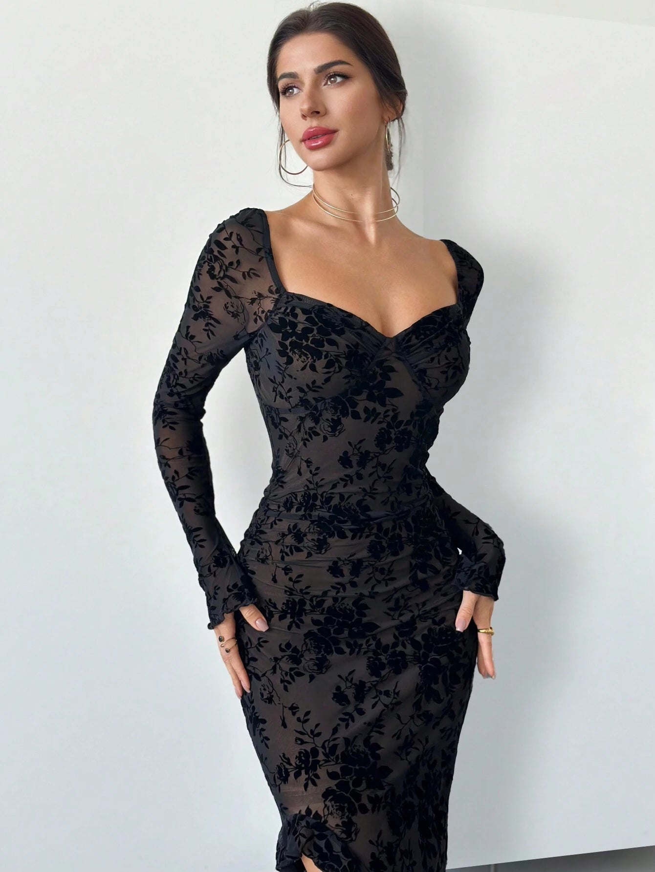  | SHEIN Firerie New Autumn/Winter Elegant Floral Flocked Square Neck Ruched & Slit Ruffle Hem Slimming Dress | Dress | Shein | OneHub