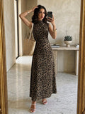 SHEIN Firerie New Minimalist Elegant Romantic Date Brunch Daily Commute Leopard Print Small Stand Collar Sleeveless Waist-Cinched Pleated A-Line Maxi Dress Summer
