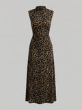 SHEIN Firerie New Minimalist Elegant Romantic Date Brunch Daily Commute Leopard Print Small Stand Collar Sleeveless Waist-Cinched Pleated A-Line Maxi Dress Summer