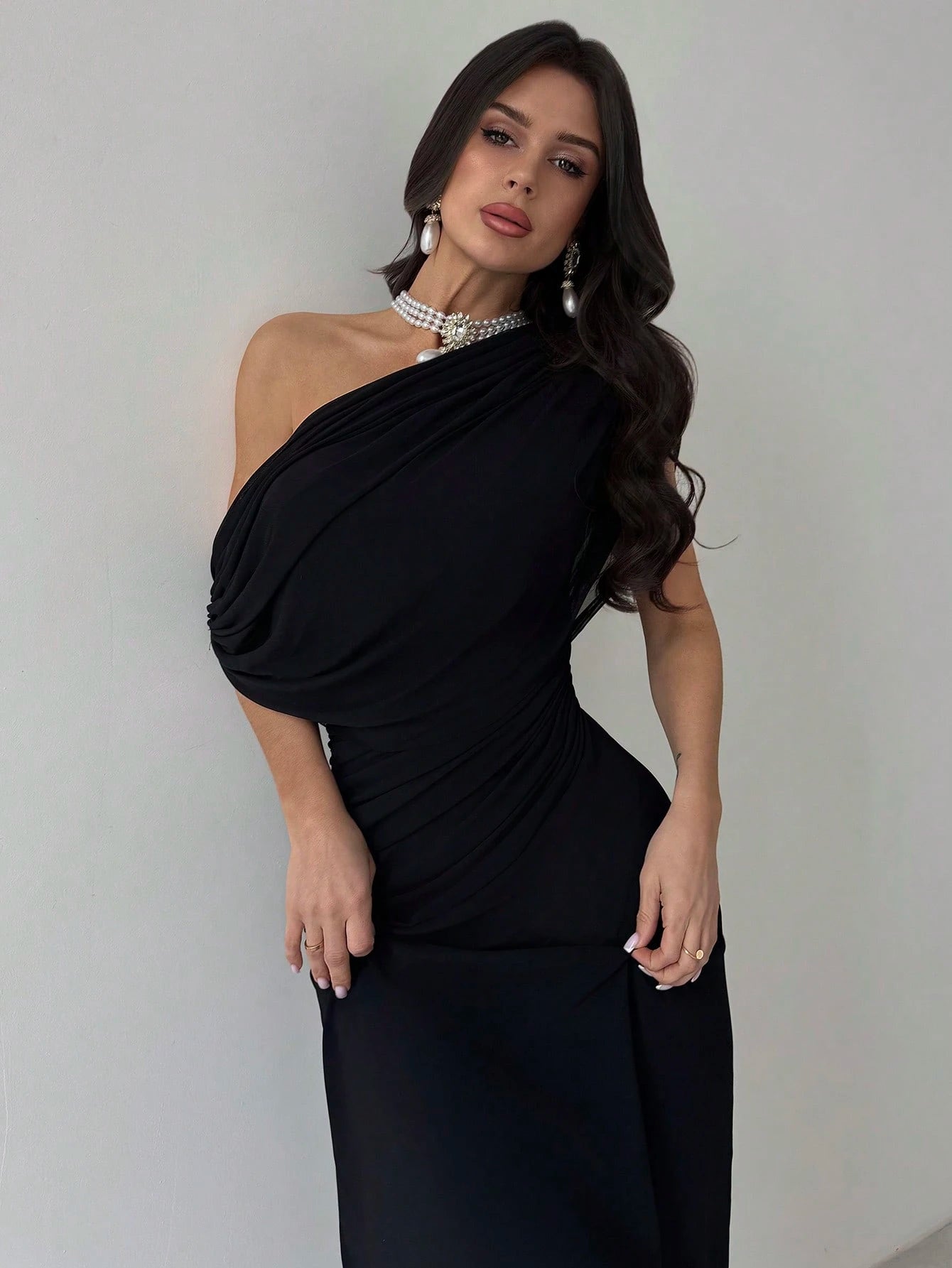  | SHEIN Firerie New Summer Women's Elegant & Sophisticated Asymmetrical Shoulder Short Sleeve Ruched Waist Knit Dress, Black, Versatile For Parties And Everyday Wear | Dress | Shein | OneHub