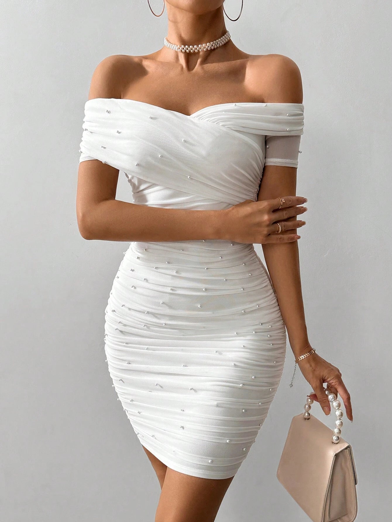 SHEIN Firerie Women White Off Shoulder Short Sleeve Bubble Beaded Slim | Dress
