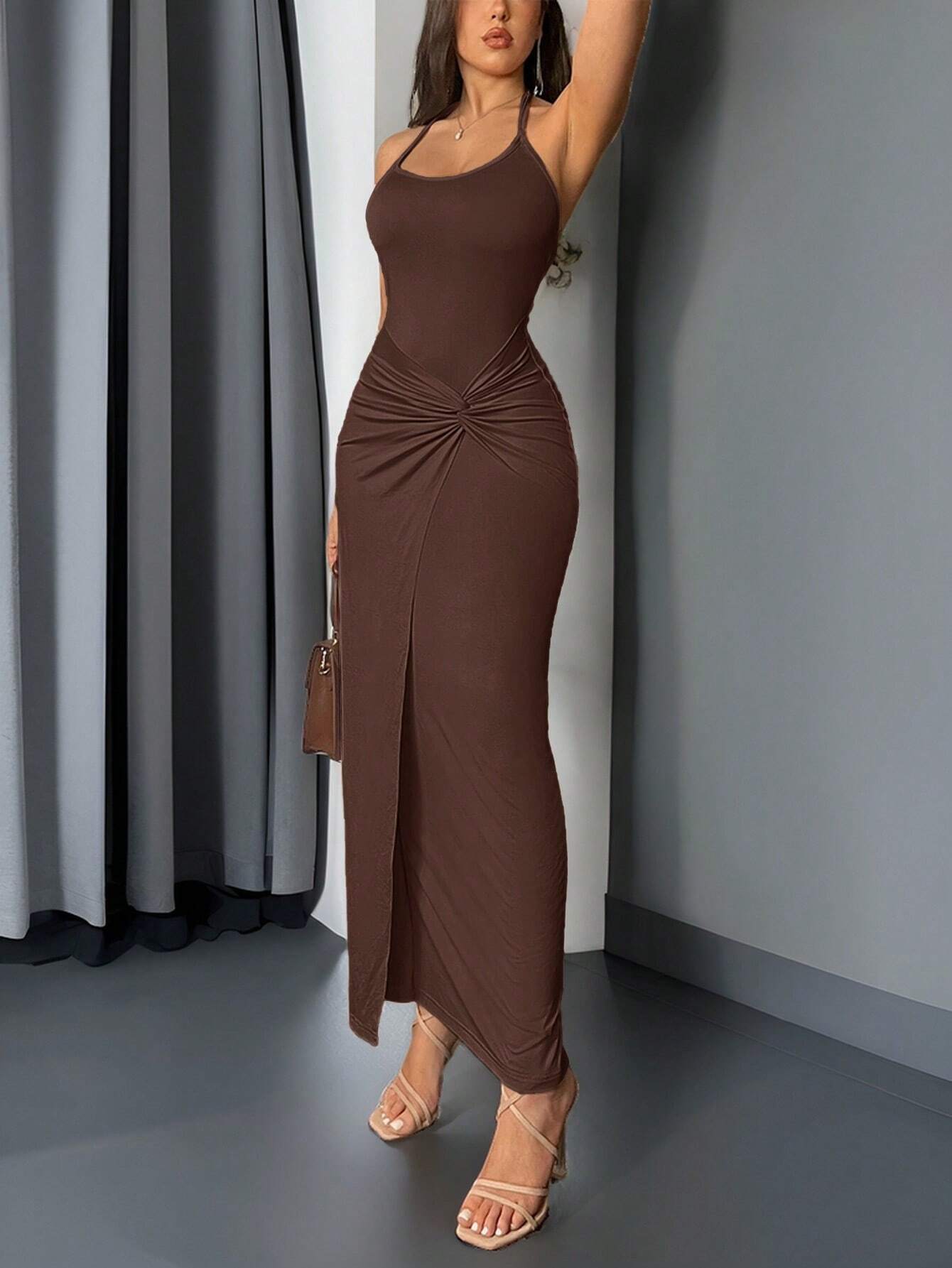 SHEIN Firerie Women's Apricot Sleeveless Twist Design Long Summer Dress,Summer Dresses For Women