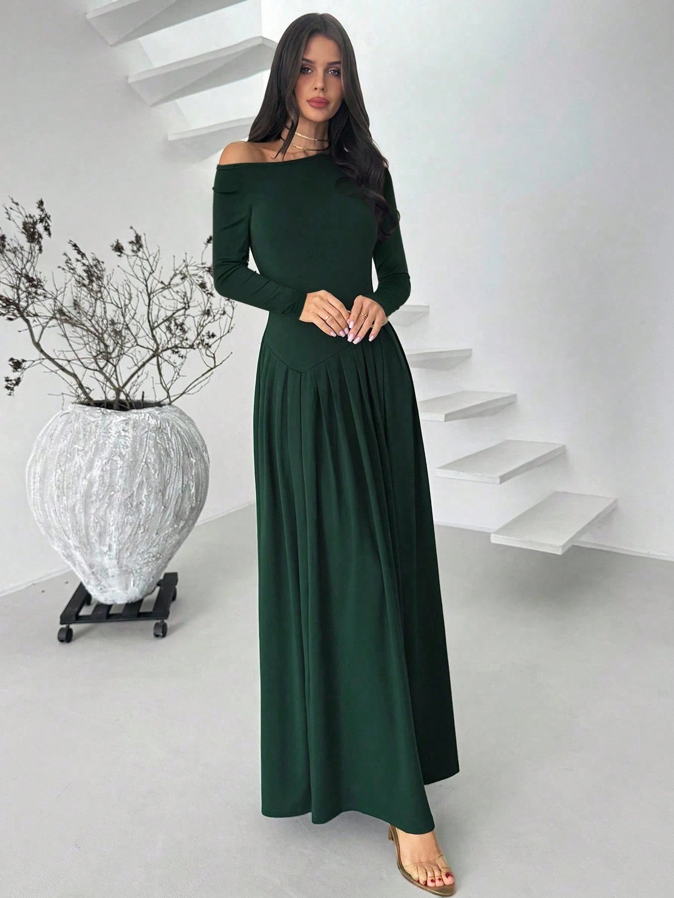  | SHEIN Firerie Women's Elegant Casual Minimalist Asymmetric Neck Long Sleeve Pleated Waist A-Line Long Knit Dress, Suitable For Wedding Events, Green, Everyday Elegant Office Dress, Modest, Fall Women Clothes | Dress | Shein | OneHub