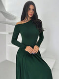  | SHEIN Firerie Women's Elegant Casual Minimalist Asymmetric Neck Long Sleeve Pleated Waist A-Line Long Knit Dress, Suitable For Wedding Events, Green, Everyday Elegant Office Dress, Modest, Fall Women Clothes | Dress | Shein | OneHub