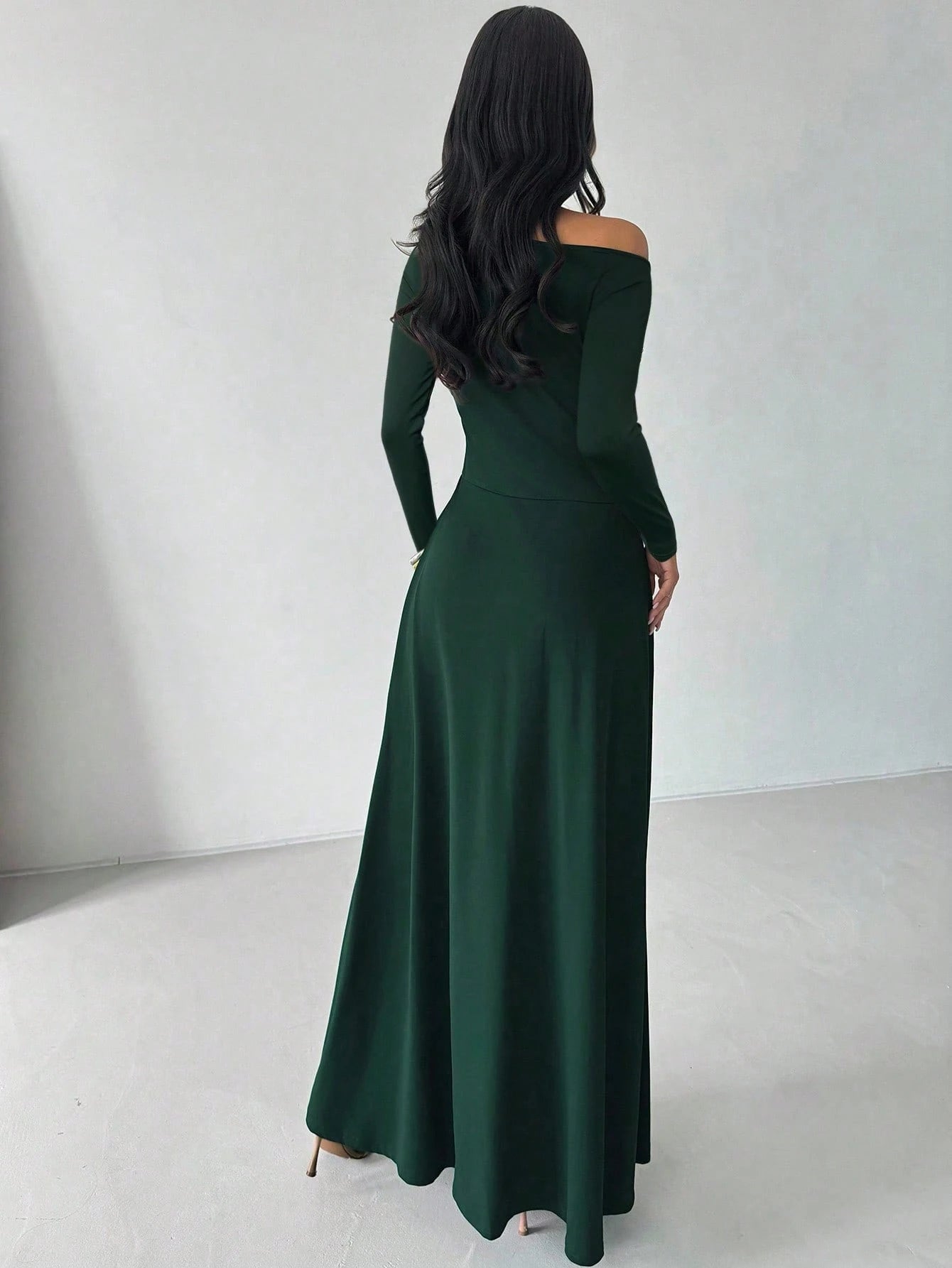  | SHEIN Firerie Women's Elegant Casual Minimalist Asymmetric Neck Long Sleeve Pleated Waist A-Line Long Knit Dress, Suitable For Wedding Events, Green, Everyday Elegant Office Dress, Modest, Fall Women Clothes | Dress | Shein | OneHub