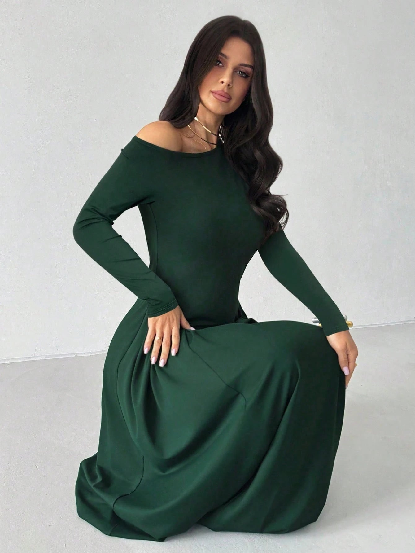  | SHEIN Firerie Women's Elegant Casual Minimalist Asymmetric Neck Long Sleeve Pleated Waist A-Line Long Knit Dress, Suitable For Wedding Events, Green, Everyday Elegant Office Dress, Modest, Fall Women Clothes | Dress | Shein | OneHub