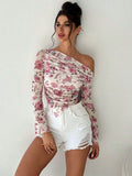  | SHEIN Firerie Women's Elegant Floral Print Long Sleeve Asymmetrical Hem T-Shirt | Blouse | Shein | OneHub
