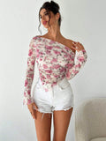  | SHEIN Firerie Women's Elegant Floral Print Long Sleeve Asymmetrical Hem T-Shirt | Blouse | Shein | OneHub