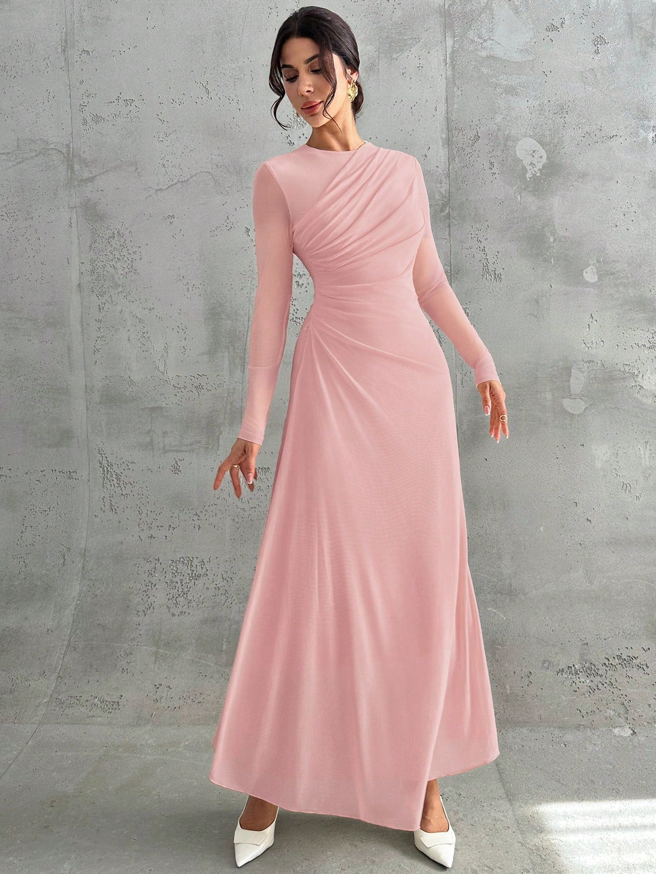 SHEIN Firerie Women's Elegant Formal Office Commute Casual Vacation Party Vintage Teacher Autumn Mesh Solid Color Round Neck Waist Pleated A-Line Long Sleeve Maxi Dress