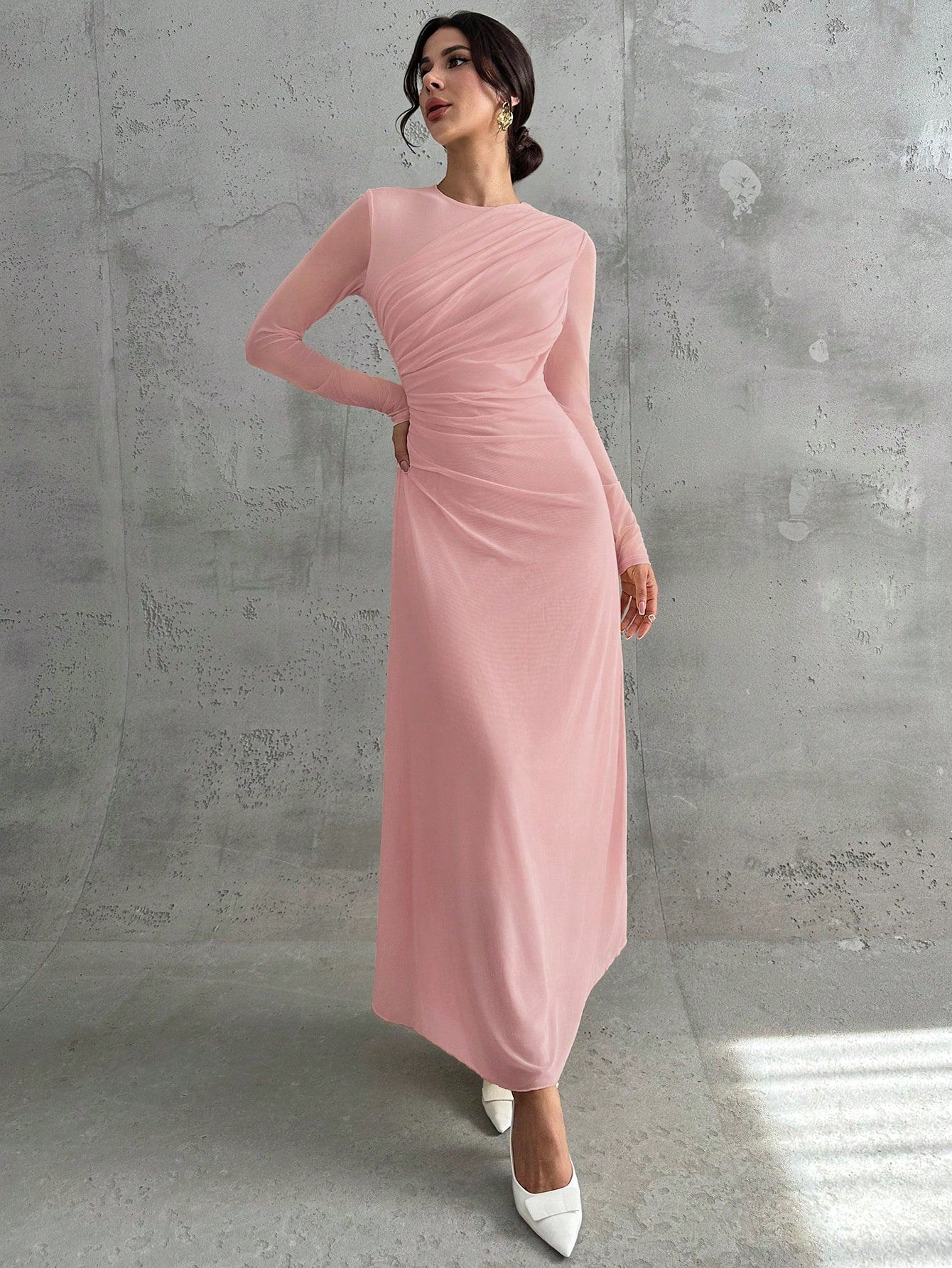 SHEIN Firerie Women's Elegant Formal Office Commute Casual Vacation Party Vintage Teacher Autumn Mesh Solid Color Round Neck Waist Pleated A-Line Long Sleeve Maxi Dress