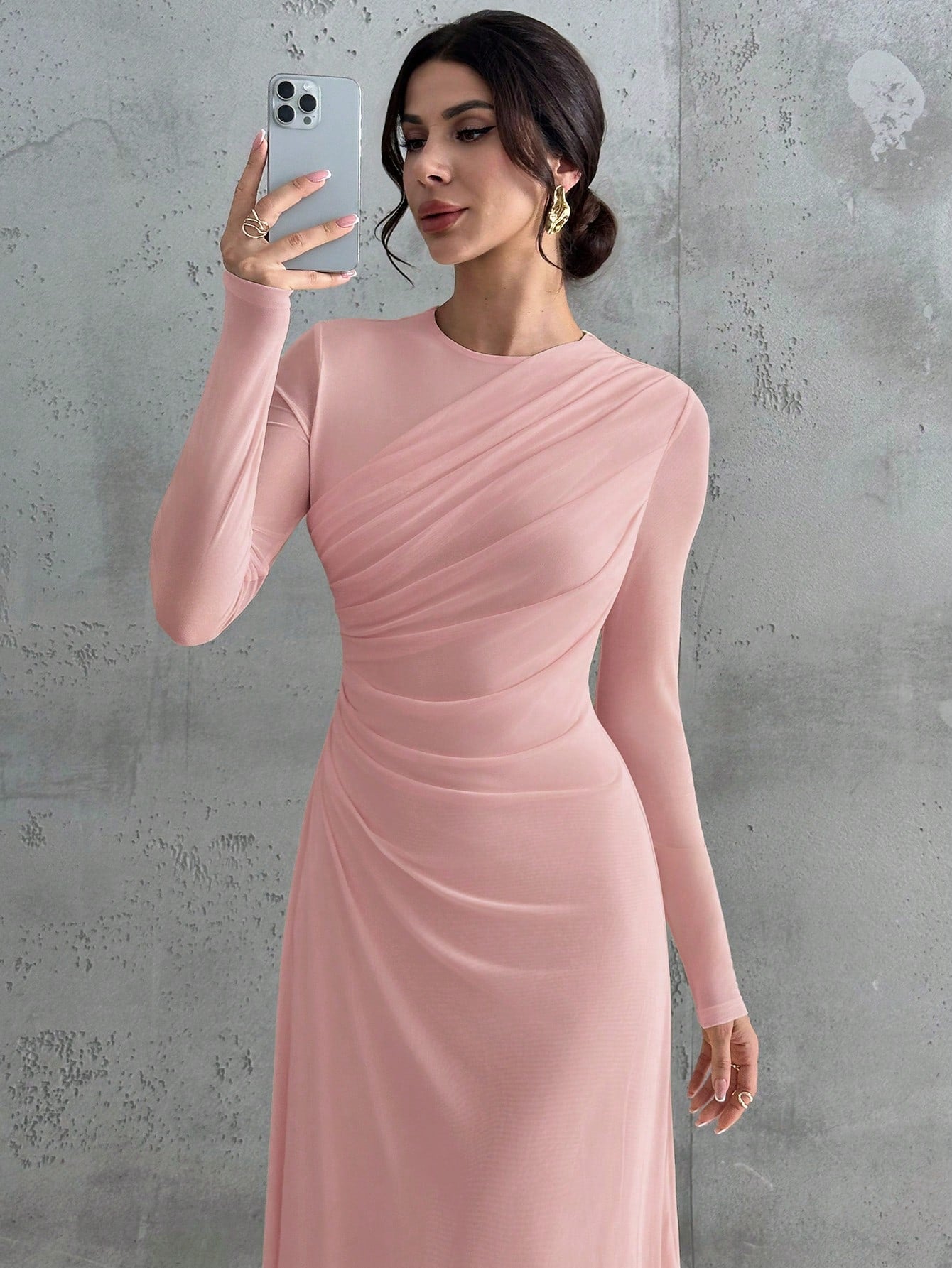SHEIN Firerie Women's Elegant Formal Office Commute Casual Vacation Party Vintage Teacher Autumn Mesh Solid Color Round Neck Waist Pleated A-Line Long Sleeve Maxi Dress