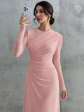 SHEIN Firerie Women's Elegant Formal Office Commute Casual Vacation Party Vintage Teacher Autumn Mesh Solid Color Round Neck Waist Pleated A-Line Long Sleeve Maxi Dress