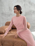 SHEIN Firerie Women's Elegant Formal Office Commute Casual Vacation Party Vintage Teacher Autumn Mesh Solid Color Round Neck Waist Pleated A-Line Long Sleeve Maxi Dress
