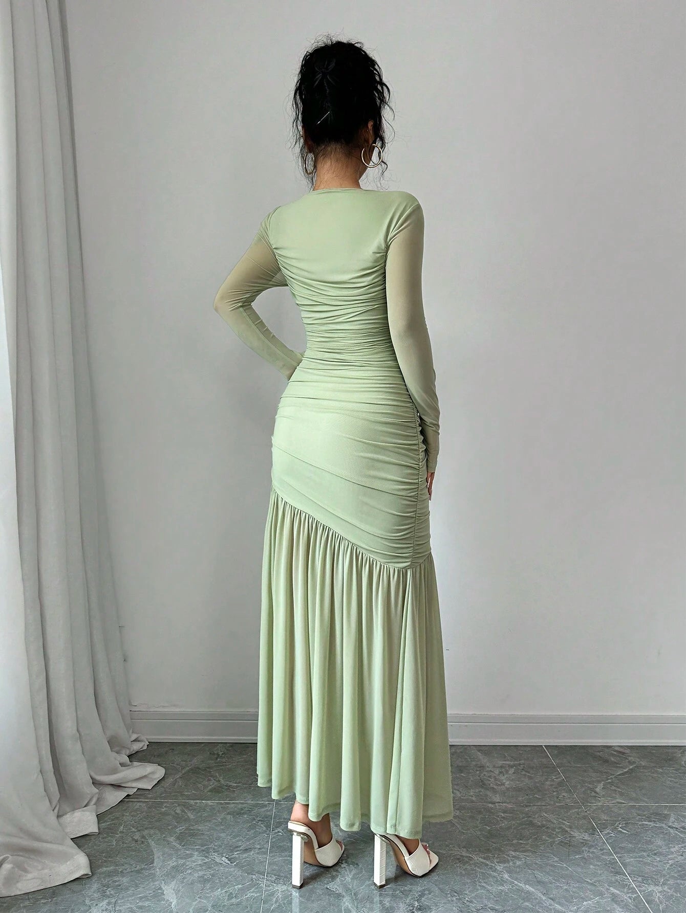 shein mint green dress SHEIN Firerie Women's Elegant Mint Green Esh Long Sleeve Round Neck Lo | Dress