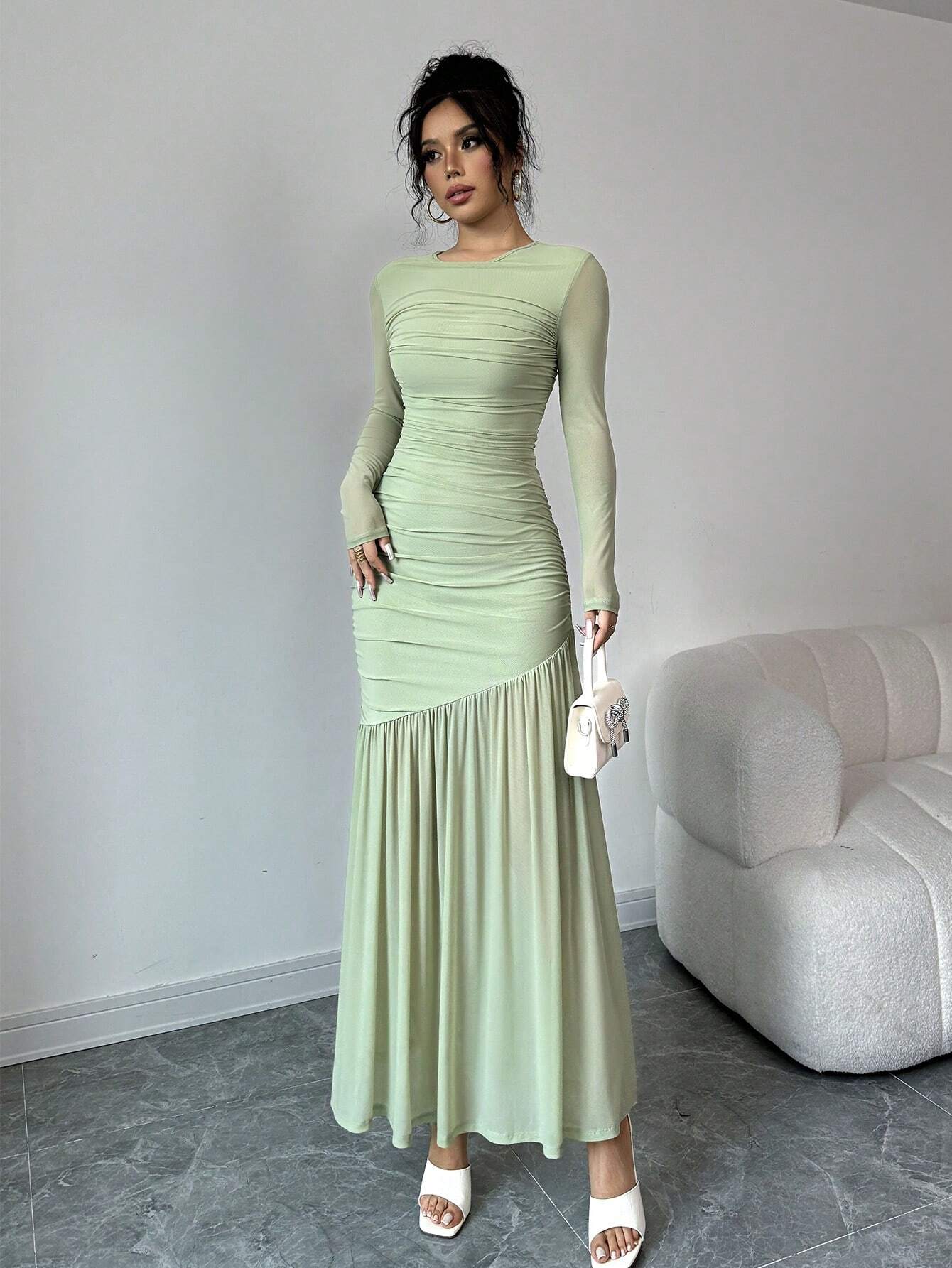 SHEIN Firerie Women's Elegant Mint Green Esh Long Sleeve Round Neck Lo | Dress SHEIN Firerie Women's Elegant Mint Green Esh Long Sleeve Round Neck Lo | Dress