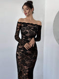 SHEIN Firerie Women's Elegant Sexy Black Off-Shoulder Lace Dress