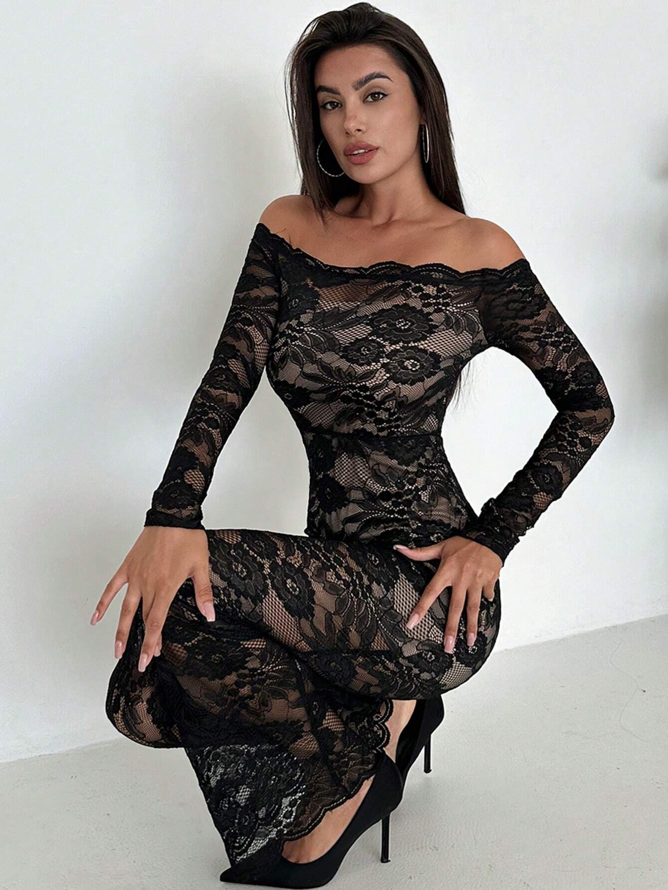 SHEIN Firerie Women's Elegant Sexy Black Off-Shoulder Lace Dress | Dress | OneHub SHEIN Firerie Women's Elegant Sexy Black Off-Shoulder Lace Dress | Dress | OneHub