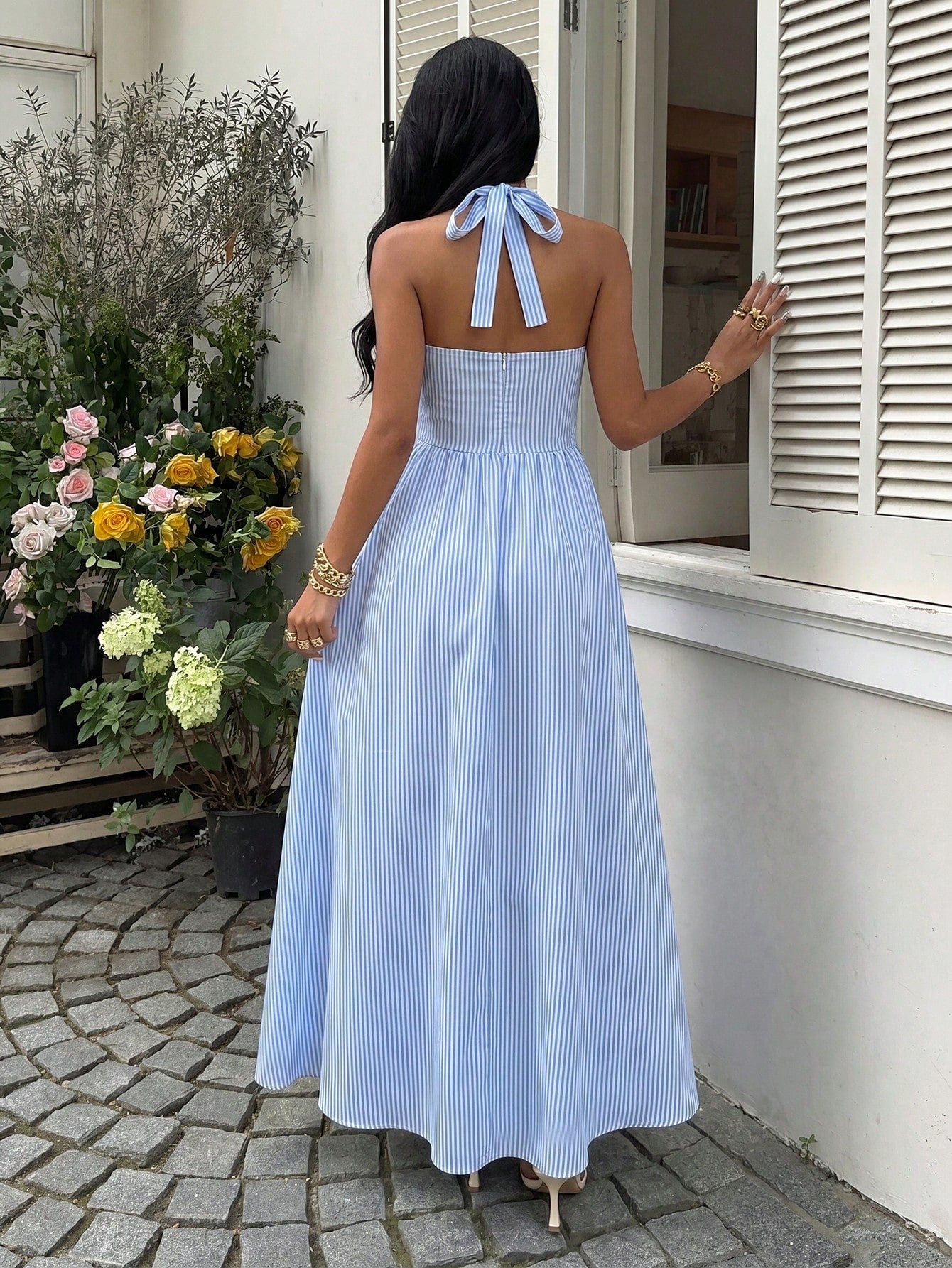 SHEIN Flirla Women's Blue & White Striped Strapless Backless A-Line Casual Vacation Sexy European And American Style Dress