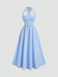 SHEIN Flirla Women's Blue & White Striped Strapless Backless A-Line Casual Vacation Sexy European And American Style Dress