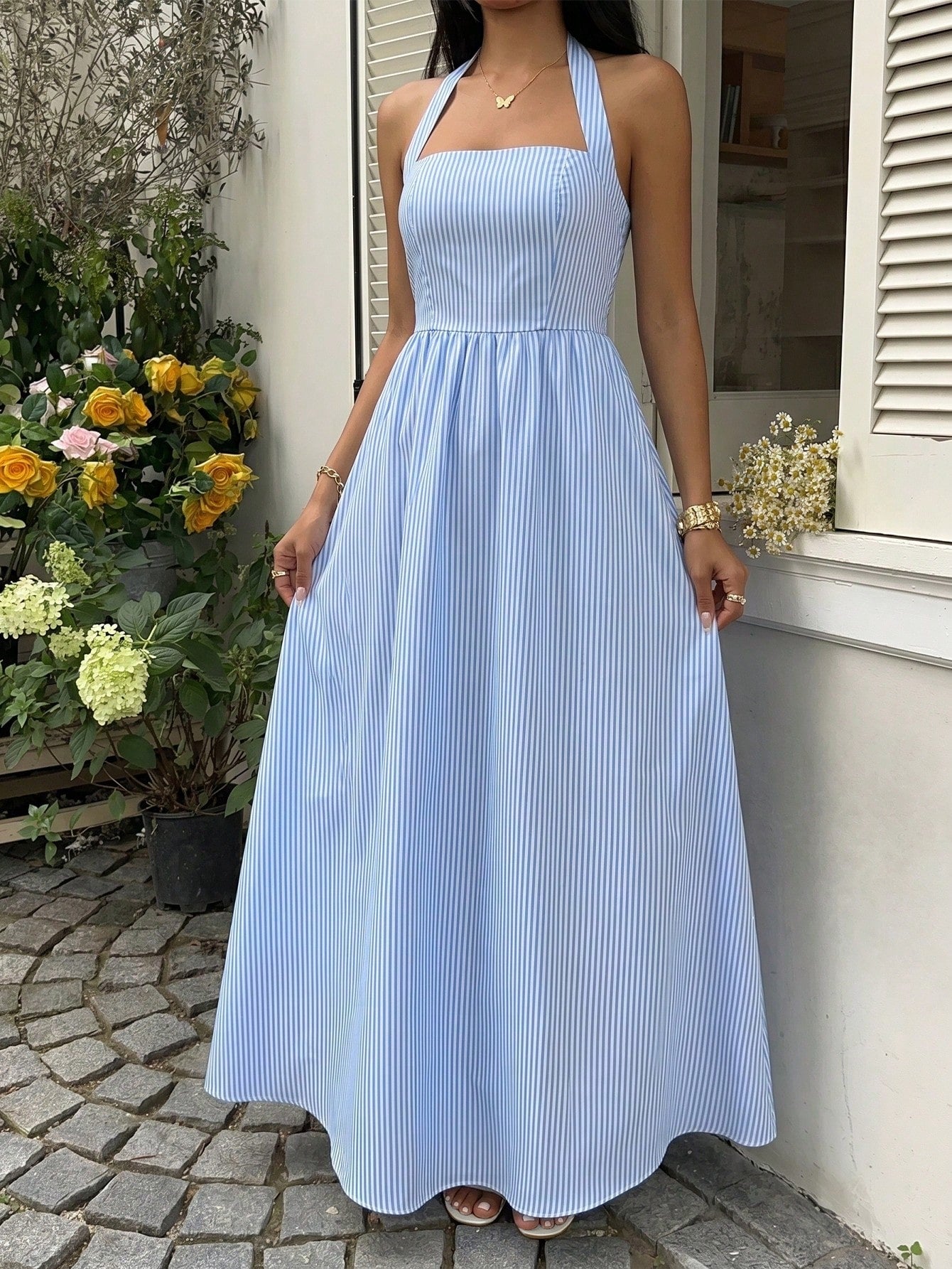SHEIN Flirla Women's Blue & White Striped Strapless Backless A-Line Casual Vacation Sexy European And American Style Dress