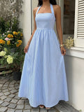 SHEIN Flirla Women's Blue & White Striped Strapless Backless A-Line Casual Vacation Sexy European And American Style Dress