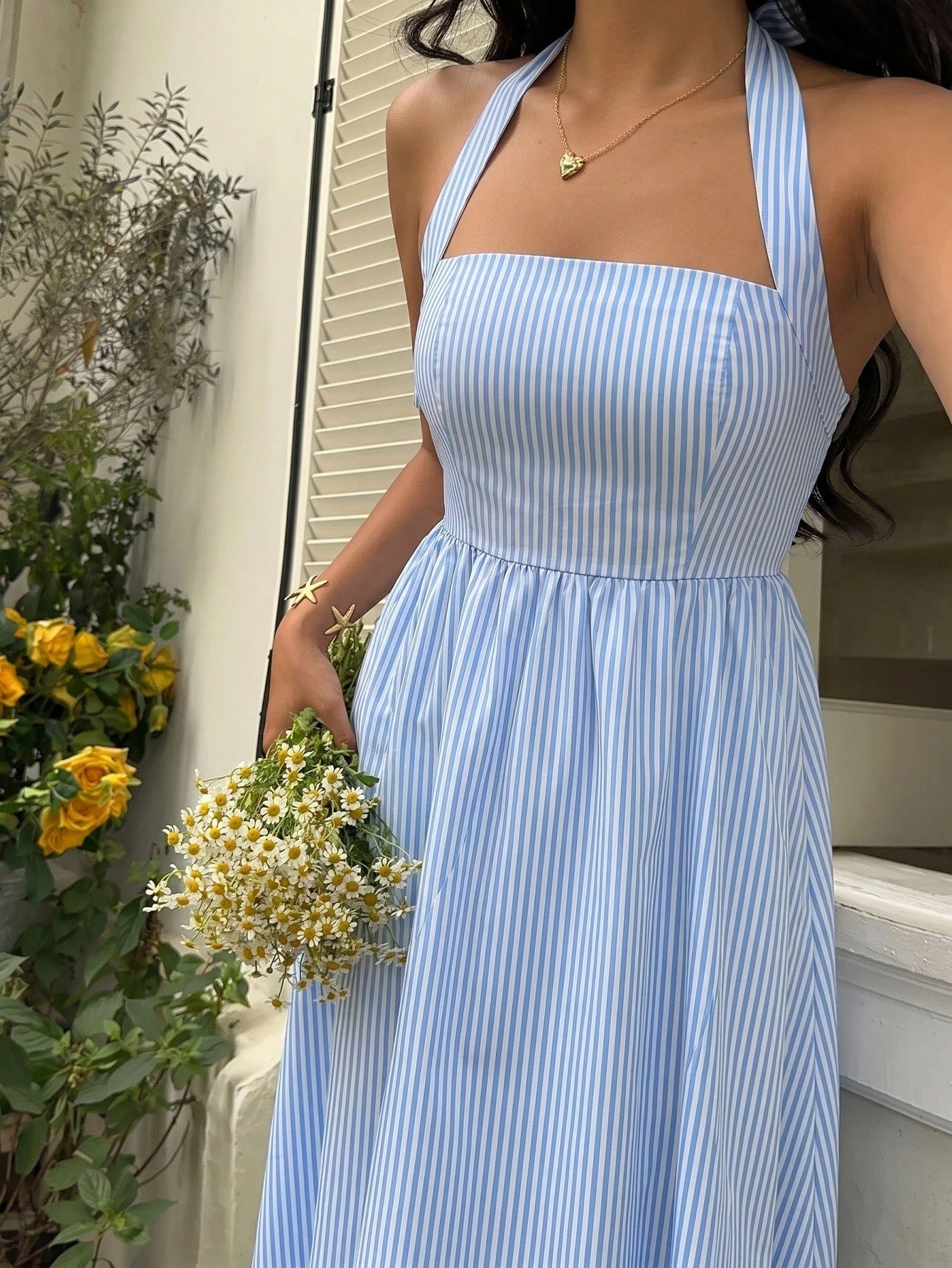 SHEIN Flirla Women's Blue & White Striped Strapless Backless A-Line Casual Vacation Sexy European And American Style Dress