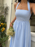SHEIN Flirla Women's Blue & White Striped Strapless Backless A-Line Casual Vacation Sexy European And American Style Dress